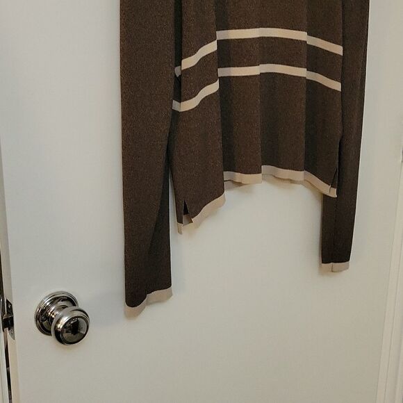 DRESSBARN Brown Collarless Preppy Varsity Long Sleeve Cardigan - Picture 6 of 9